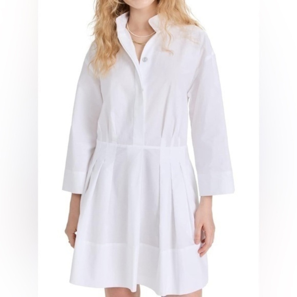 $445 VINCE Fitted Band Collar Mini Dress L Optic White Shirt A-Line Pleated NWOT